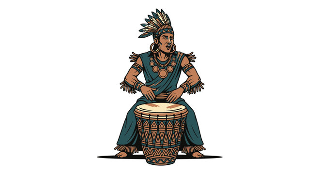 Tribal Traditional Drum Player in Indigenous Costume Cultural Performance Vector Illustration
