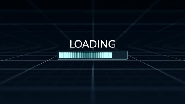 Static shot of loading progress bar filling over digital grid background in futuristic sci fi interface with glowing cyan neon lines centered