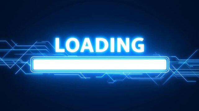 Static horizontal shot of illuminated loading bar filling across digital futuristic interface on dark cyber network background
