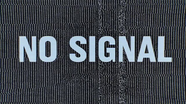 Static shot of no signal text glitching and flickering on television screen with scan lines distortion and interference on retro monitor