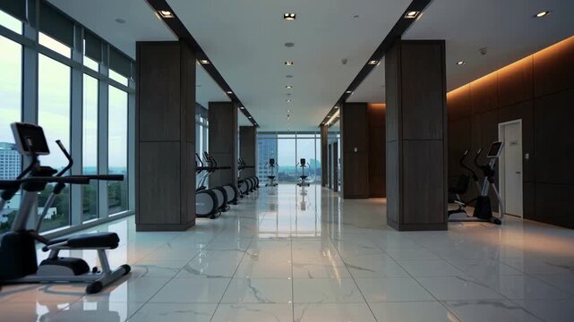 A serene and modern gym interior with rows of treadmills and exercise bikes, offering a panoramic city view through large windows.