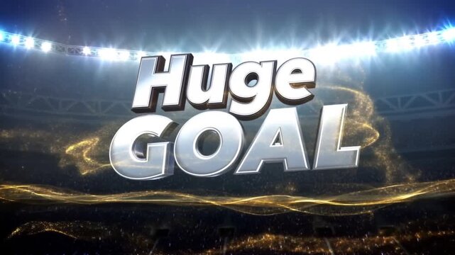 Tracking shot zoom in of huge goal text emerging with sparkles over stadium arena with sweeping gold light effects and crowd lighting at night