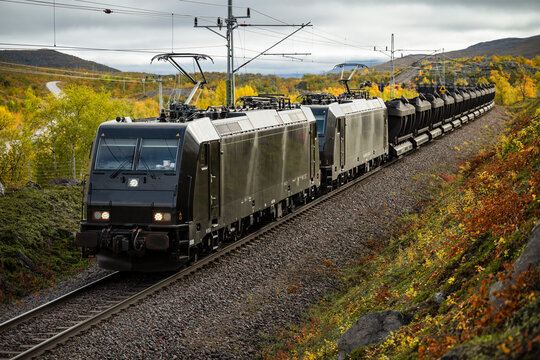 View of freight train transporting coal