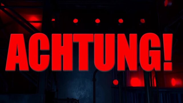 Zoom in shot of large red achtung! text pushing forward over industrial interior with flashing warning lights and metal structures at night