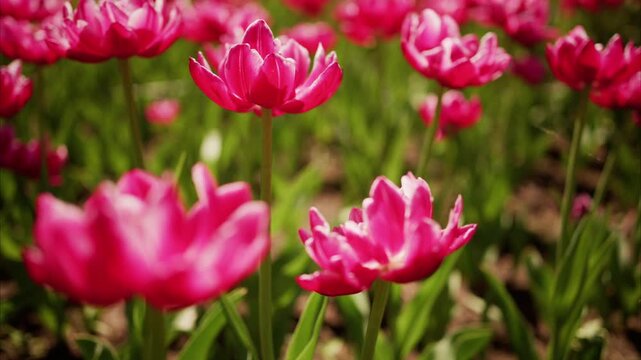 Vibrant pink tulips bloom in soft focus rows. Warm sunlight highlights petals with gentle shadows. Green stems rise through earthy soil. Ideal for spring themes, floral design, or romantic scenes