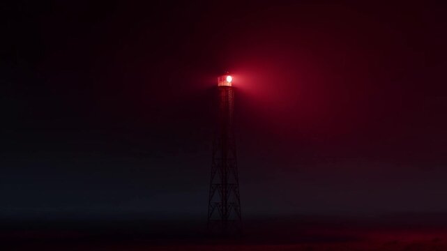 Static shot of tower beacon rotating and sweeping red light across foggy coastline at night distant lighthouse structure standing over misty sea