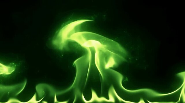 Slow motion close up of green flames rising and swirling across dark black backdrop with floating embers and smoke plumes, abstract energy visualization