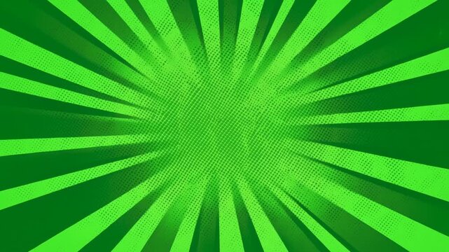 Zoom shot of radial burst animation with green comic rays pulsing and expanding over textured halftone background in seamless loop graphic backdrop
