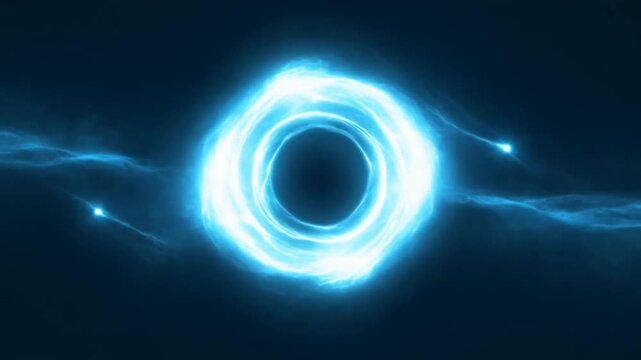 Slow motion view of glowing energy ring pulsing and rotating forming bright blue vortex portal in dark cosmic space background with electric luminous aura