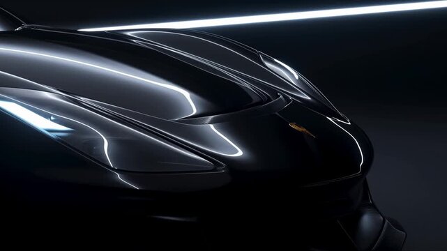 Tracking shot revealing sports car front end gliding past studio lights with glossy black hood and led headlight in dark showroom