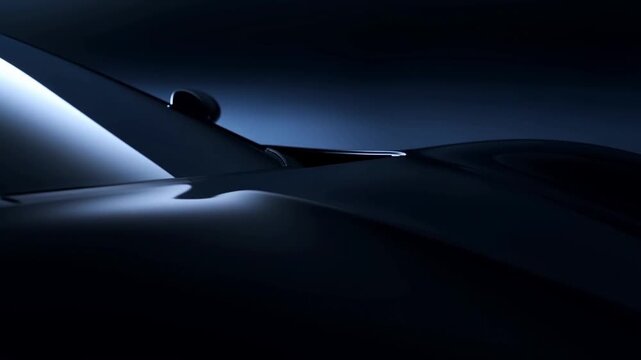 Slow tracking reveal shot of car hood and windshield gliding under studio lights in dark showroom with glossy black metallic finish and subtle reflections