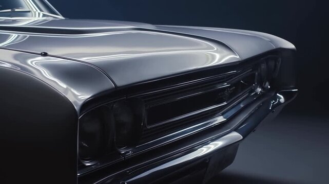 Slow tracking dolly shot of classic car front grille and hood revealing chrome details in dark studio showroom lighting