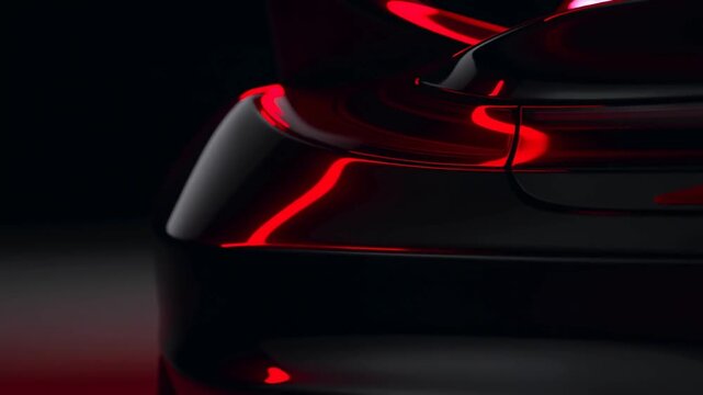 Slow panning shot of sports car rear taillight reveal with red reflections and glossy black paint in dark studio closeup for automotive design presentation