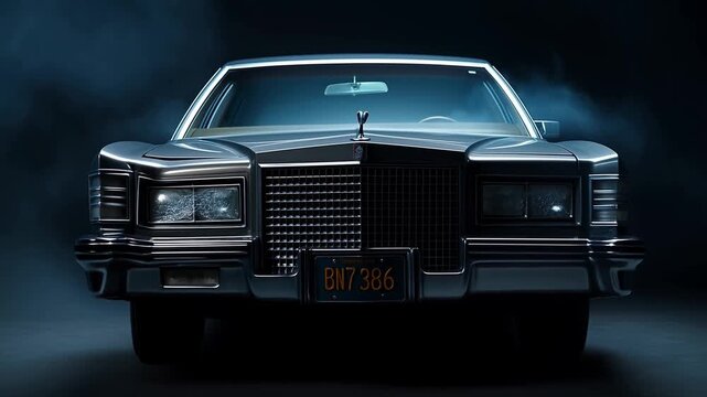 Slow dolly in tracking shot of vintage luxury car approaching frontal studio stage with smoke and dramatic low key lighting