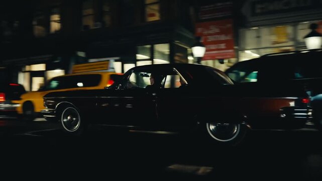 Tracking panning shot of classic vintage coupe driving through wet downtown city street with neon storefronts at night, smooth dolly movement