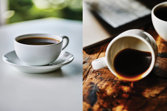 An artistic depiction of a spilled coffee cup juxtaposed against a clean one, evoking themes of surprises in life and the unpredictability of daily routines.