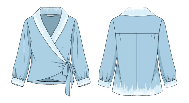Light blue wrap blouse flat sketch. White shawl collar, bishop sleeves, wide cuffs, side tie. Front and back views.