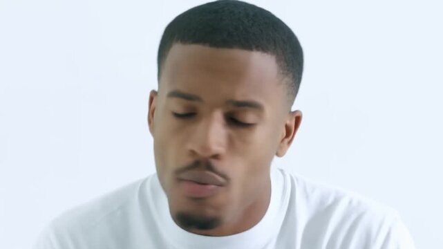 Static closeup shot of man speaking and gesturing in white studio interior with plain background and neutral lighting