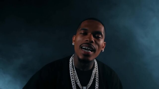 Static close up shot of rapper nodding and rapping with heavy chains in smoky dark studio background intimate portrait performance