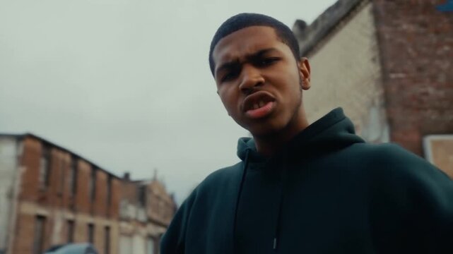 Handheld tracking shot of young man rapping and gesturing while walking down brick street in industrial urban alley during overcast daytime