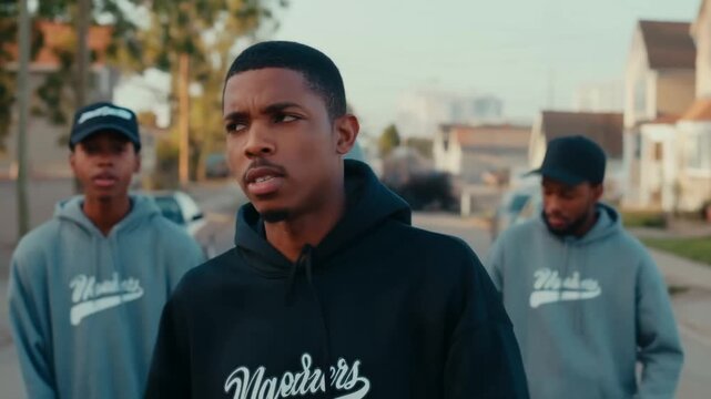Tracking shot of young man rapping with group walking and gesturing on suburban residential street lined with houses during golden hour evening