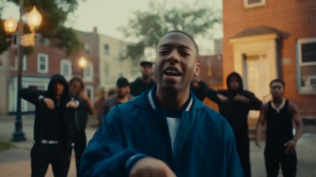 Tracking shot of rapper and crew rapping and pointing while moving down residential brick neighborhood street at dusk under warm lamplight, handheld close up and group background
