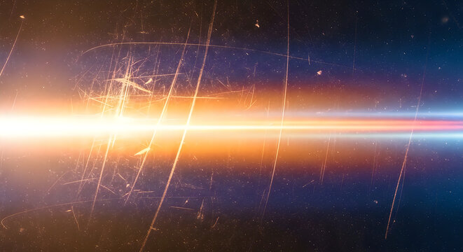 Cinematic Blue and Orange Anamorphic Light Leak Overlay with Vintage Film Scratches and Realistic Dust Particles