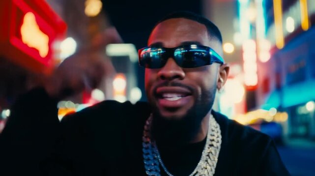 Tracking shot of man wearing sunglasses and heavy chains rapping and gesturing while walking along neon lit downtown city street at night