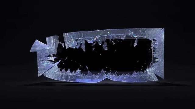 Slow motion static shot of glass rectangle frame shattering and ejecting shards on black studio stage with iridescent reflections