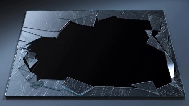 Slow motion static shot of shattered glass panel breaking with falling shards on tabletop studio surface