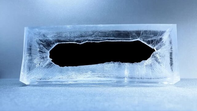 Static close up of rectangular ice block with central hole revealing dark background on tabletop studio surface with subtle shift between frames