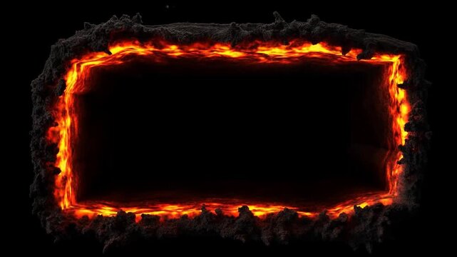 Slow motion pan of molten lava burning rectangular frame rim with glowing embers and ash against dark background closeup fire border loop