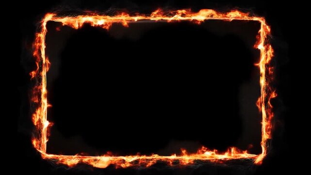 Static loop of rectangular flaming frame flickering and burning with embers on black background in isolated studio shot