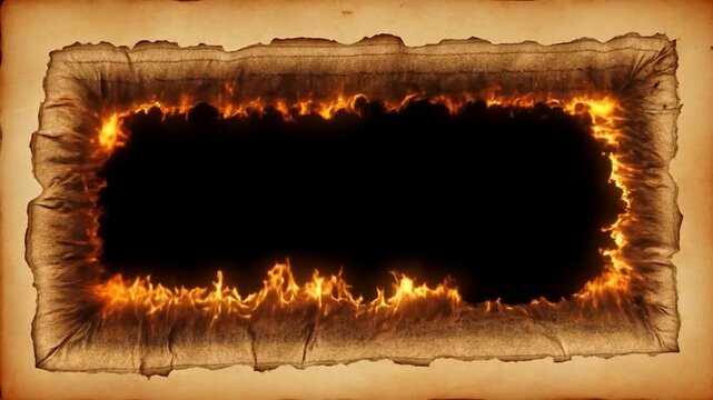 Time lapse of parchment border burning and charring around rectangular hole on aged paper background static view showing flames and smoldering edges