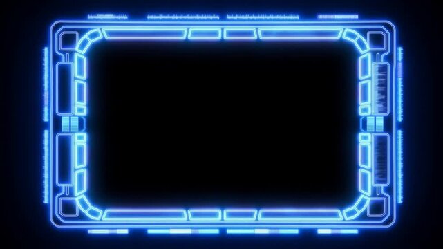 Slow panning shot of futuristic neon blue hud frame sliding across black screen in sci fi interface display with ambient glow