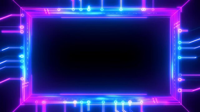 Panning shot of neon circuit frame sliding across dark virtual screen in futuristic digital interface loop animation