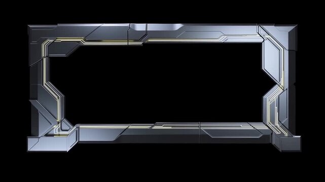 Panning shot of futuristic metallic portal frame sliding across black studio background revealing chrome illuminated trim and geometric panels