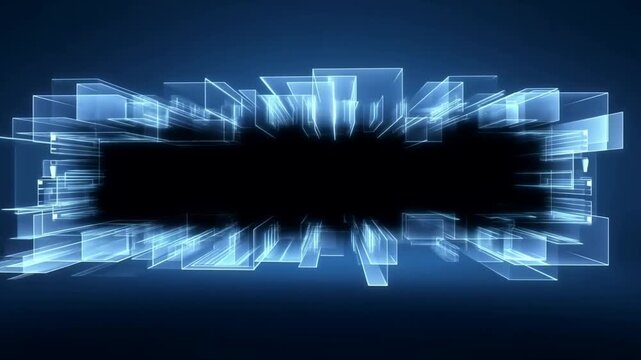 Tracking zoom shot of glowing glass panels expanding and radiating around central void in dark virtual studio background with neon blue luminous frame elements
