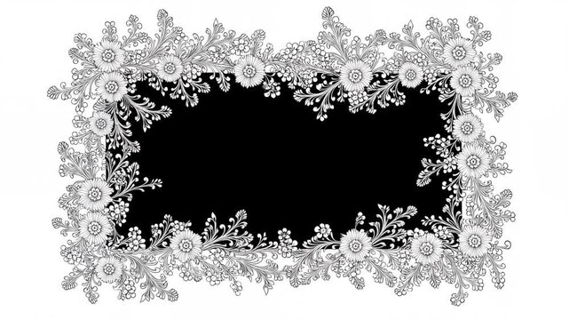 Panning shot of ornate floral frame shifting horizontally across white paper background in studio slow pan revealing decorative black center illustration