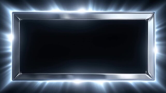 Panning shot of illuminated chrome rectangular frames sliding across dark studio backdrop with reflective glowing borders and subtle light rays