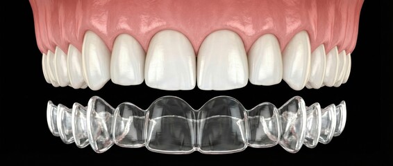 Obraz premium Invisible clear plastic aligner floating below human upper teeth. Medically AI image 3D illustration of orthodontic dental retainer isolated on black background, rendering