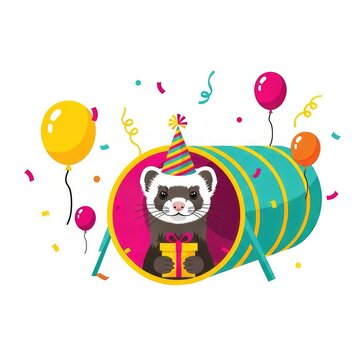 Happy National Ferret Day illustration with a cute ferret and party elements