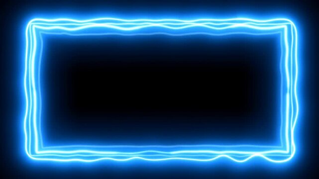 Static shot of glowing neon rectangular border pulsing and tracing animated light lines on black digital screen background in studio loop for motion graphics display