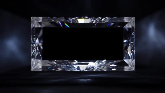 Slow dolly in of rectangular cut diamond sitting on reflective black surface with soft studio lights and dark background