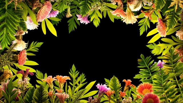 Panning slow tracking shot of floral border sliding across black background with vibrant green leaves and colorful blossoms in studio framing