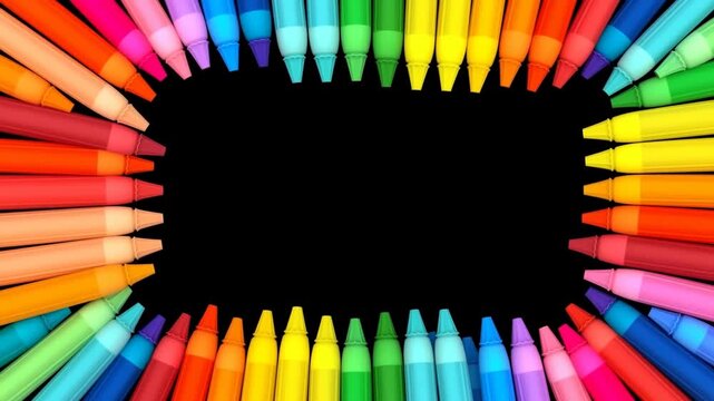 Panning shot of colored crayons rotating and revealing black center on studio tabletop in horizontal triptych composition