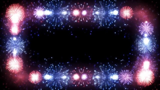 Static shot of fireworks forming exploding border around rectangular frame over black background for celebration display