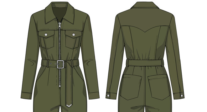 Modern utilitarian jumpsuit flat sketch in olive green with zipper and belted waist for fashion apparel design.