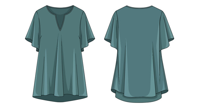 Stylish teal loose-fitting women's blouse with V-neckline and wide dolman sleeves, front and back technical drawing