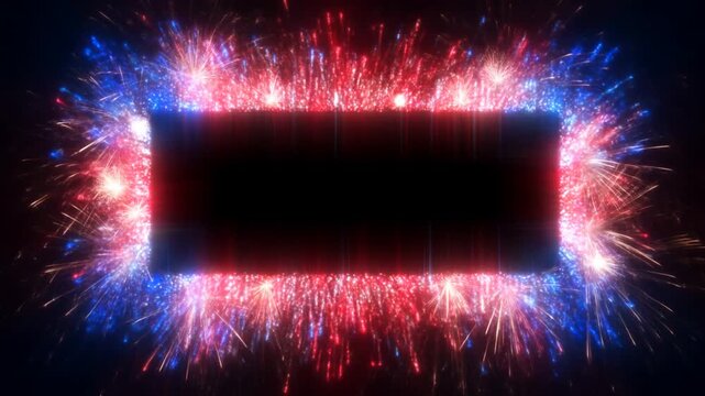 Slow motion static shot of fireworks exploding into glowing rectangular border surrounding dark center against black background